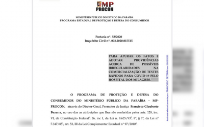 MPPB abre inquérito para investigar possíveis irregularidades na venda de testes rápidos, na PB