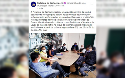 Prefeitura de Cachoeira decreta toque de recolher a partir da próxima segunda para combater Covid-19